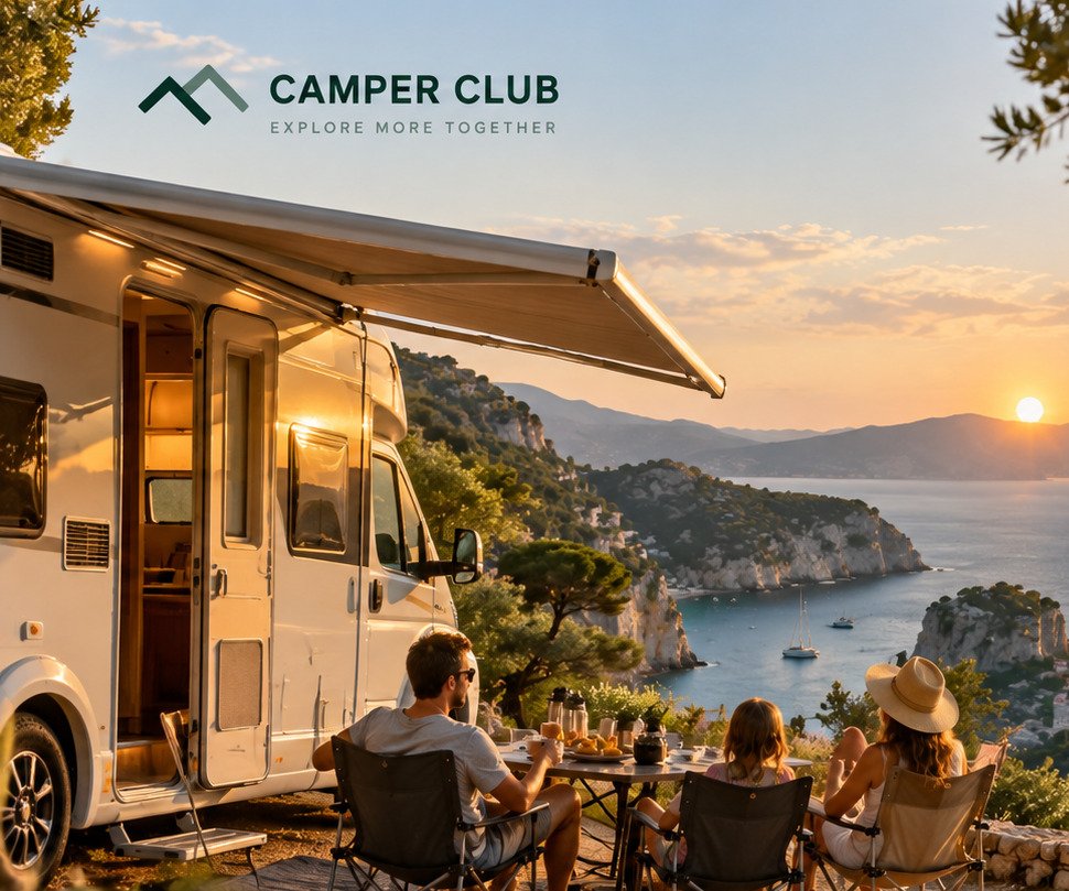 Autorulotă CAMPER CLUB într-un peisaj mediteranean
